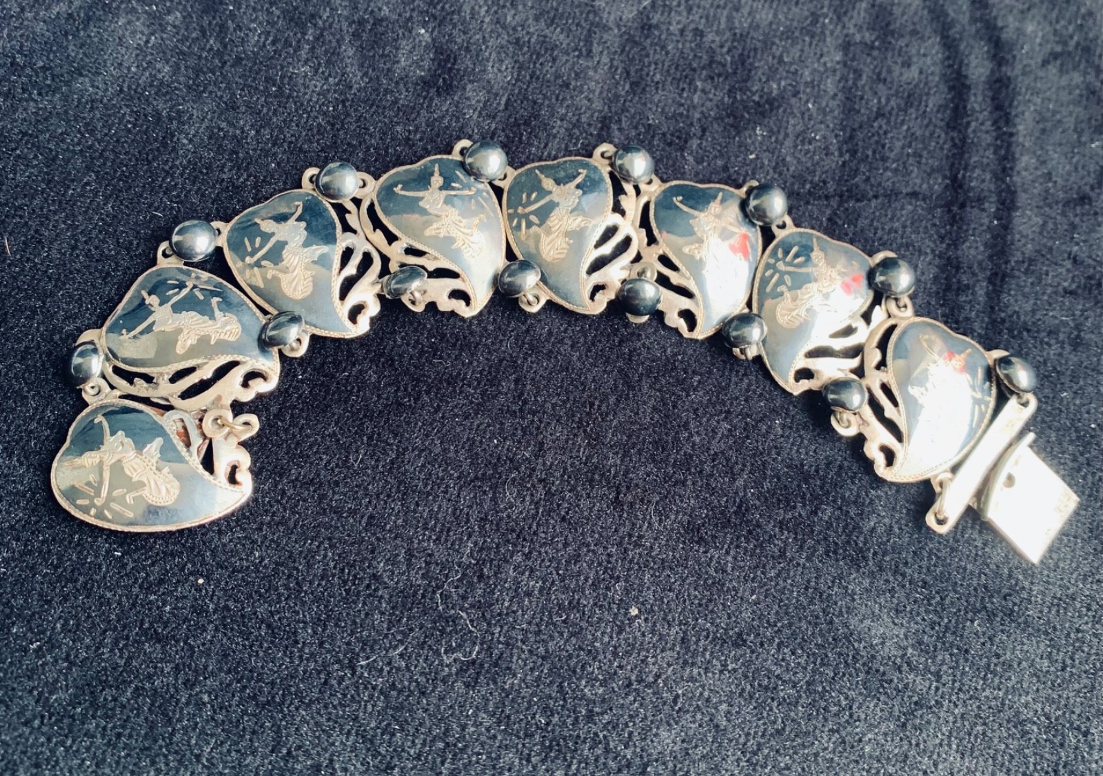 Vintage Siam Sterling Silver Niello Bracelet Thai Goddess Dancers Panel 7”;  22g