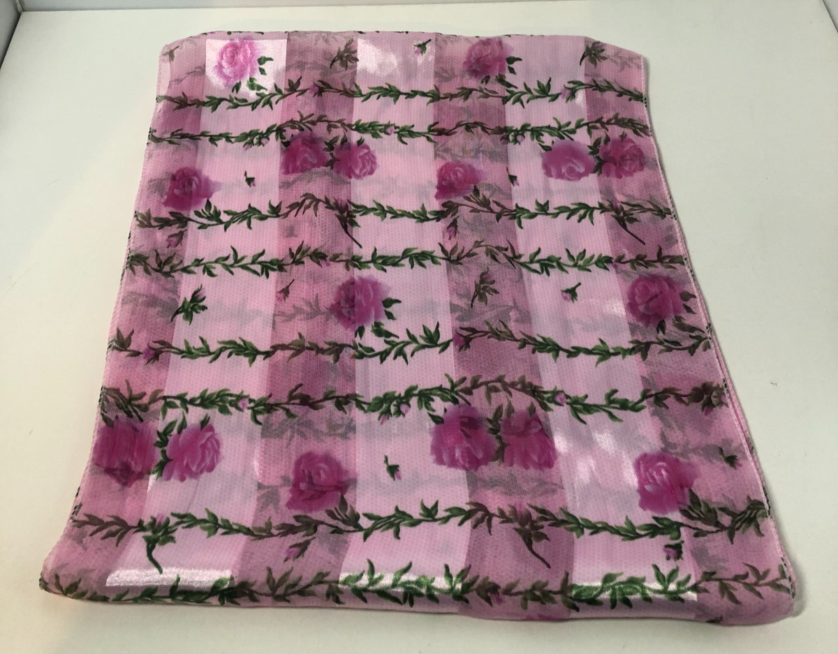 Vintage Pink and Green Scarf, Flower Design, Nylon/Polyester Blend, 57.5" x 12"