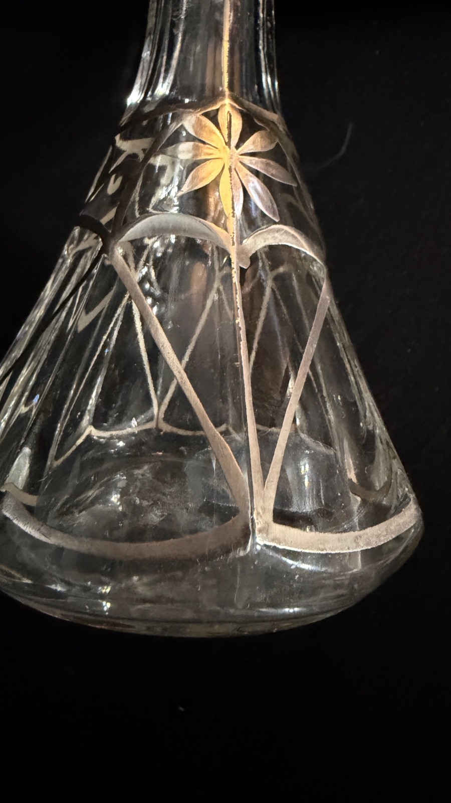 Antique Art Nouveau Sterling Overlay Glass Cruet Bottle w Stopper 6.5"