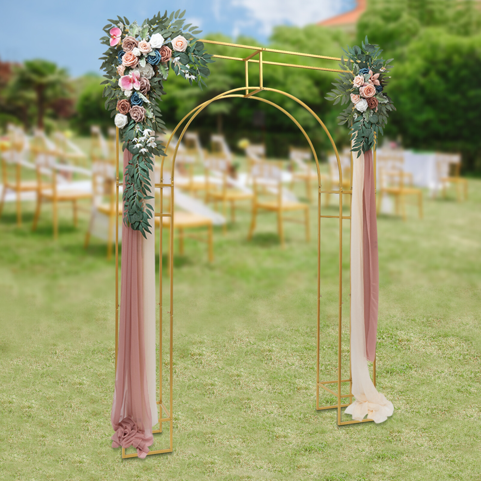 7.9ft Gold Wedding Arch Backdrop Stand, Square Arch Double Metal Balloon Arch