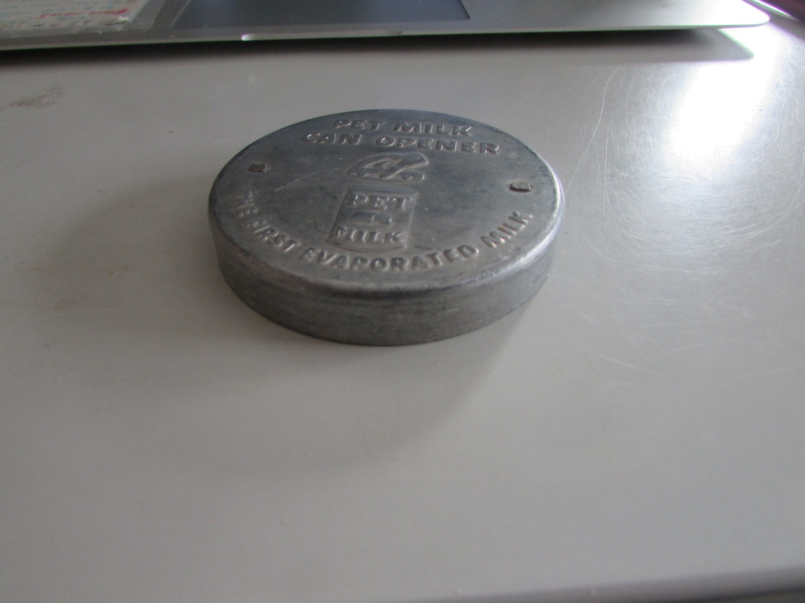 VTG 1940s PET Milk Can Opener Cover THE FIRST EVAPORATED MIILK 3” Aluminum Metal