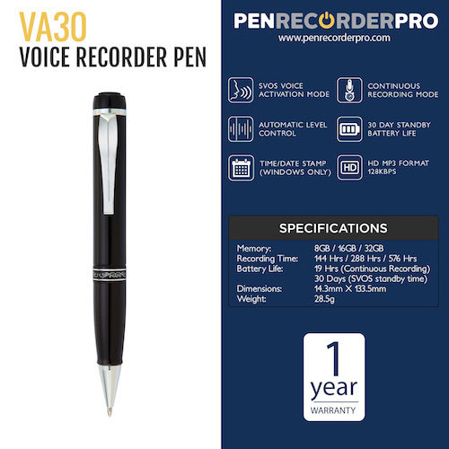 VA30 Hidden Spy/Lecture 30 Day Life Voice Activated Recorder Pen Time/Date stamp