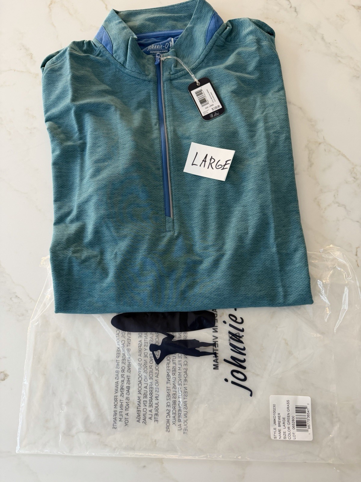 NWT JOHNNIE-O $128 BREWER PERFORMANCE 1/4 ZIP PULLOVER IN GREEN GRASS Large