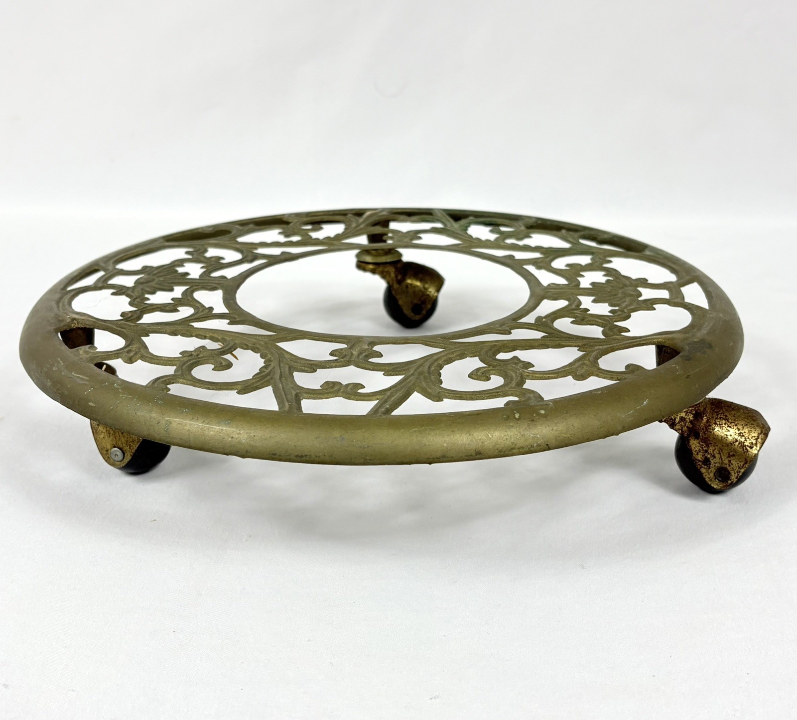 Vintage Ornate Round Brass Rolling Plant Stand on Wheels 10.75"