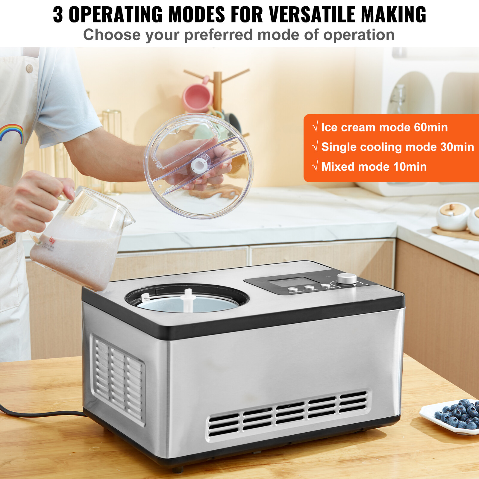 2Qt Automatic Ice Cream Maker Yogurt Gelato Machine LCD Display & Timer 3 Modes