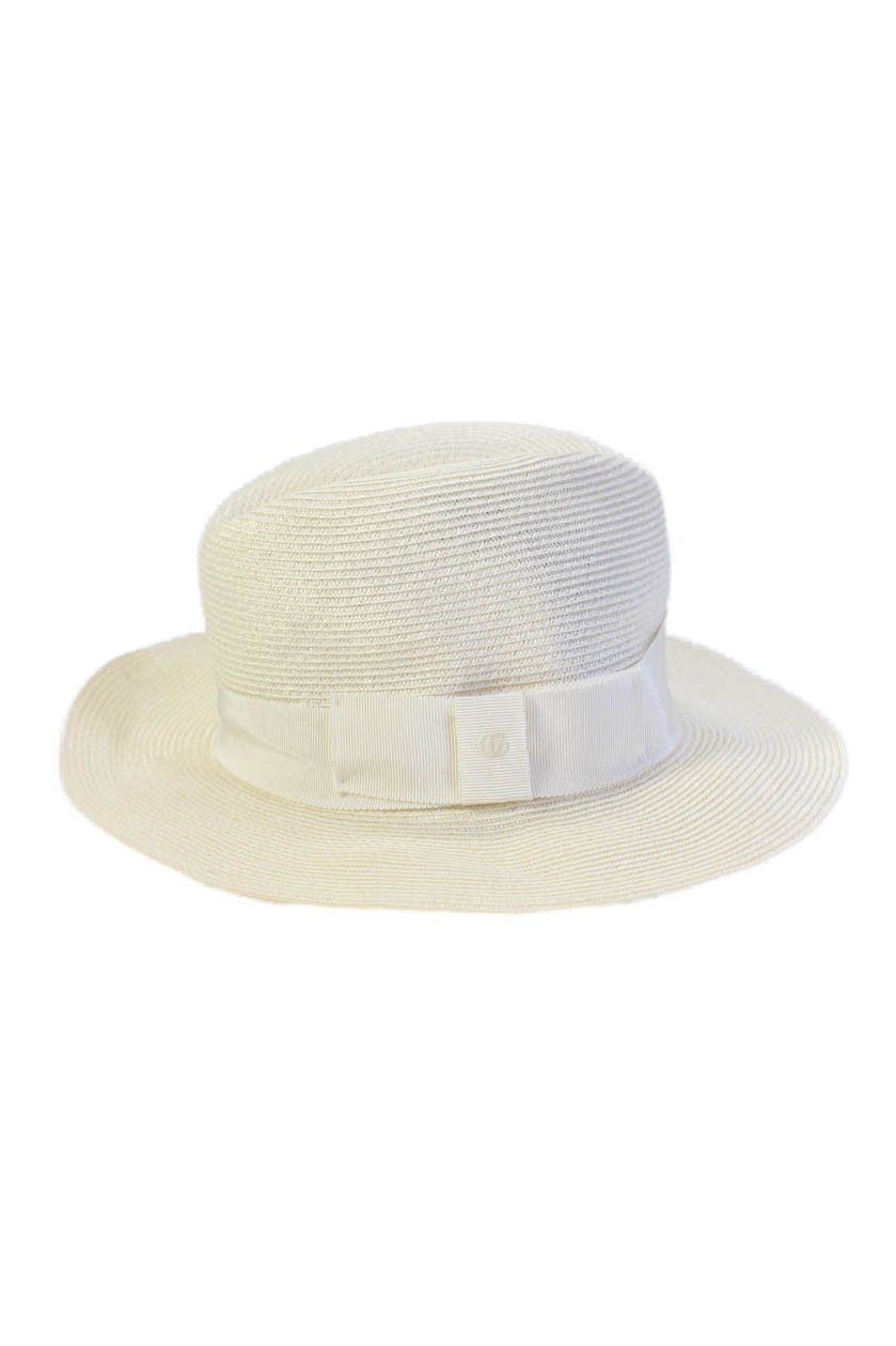 Gucci Womens GG Grosgrain Strap Woven Fedora Hat White Size Small