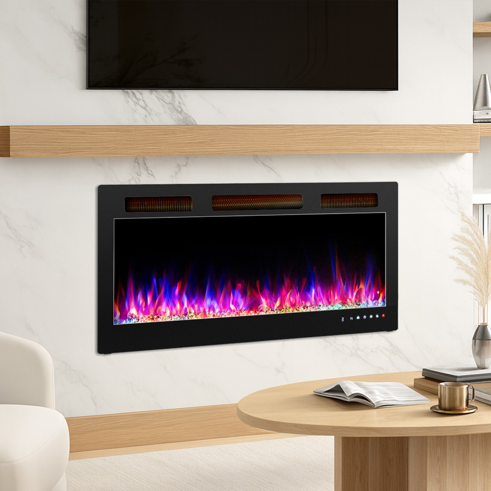42" Ultra-Thin Electric Fireplace Wall Mounted&Recessed Heater W/ Remote Control