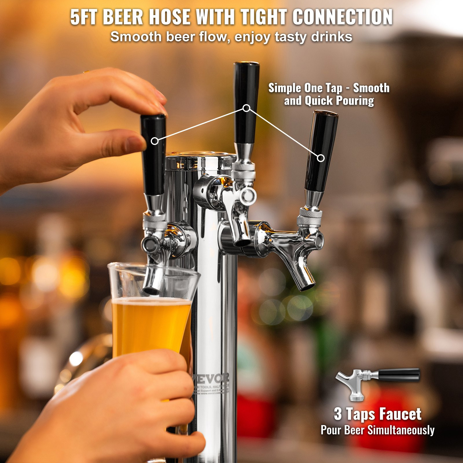 3 Tap Kegerator Beer Tower Stainless Steel Insulated Self-Closing Faucets Kit