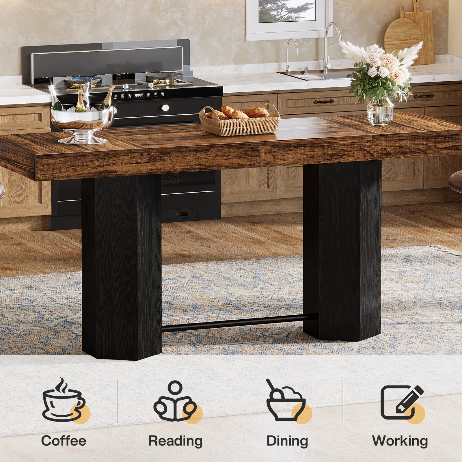 70.9" Extra Long Bar Table, Industrial Counter Height Table with Metal Footrest