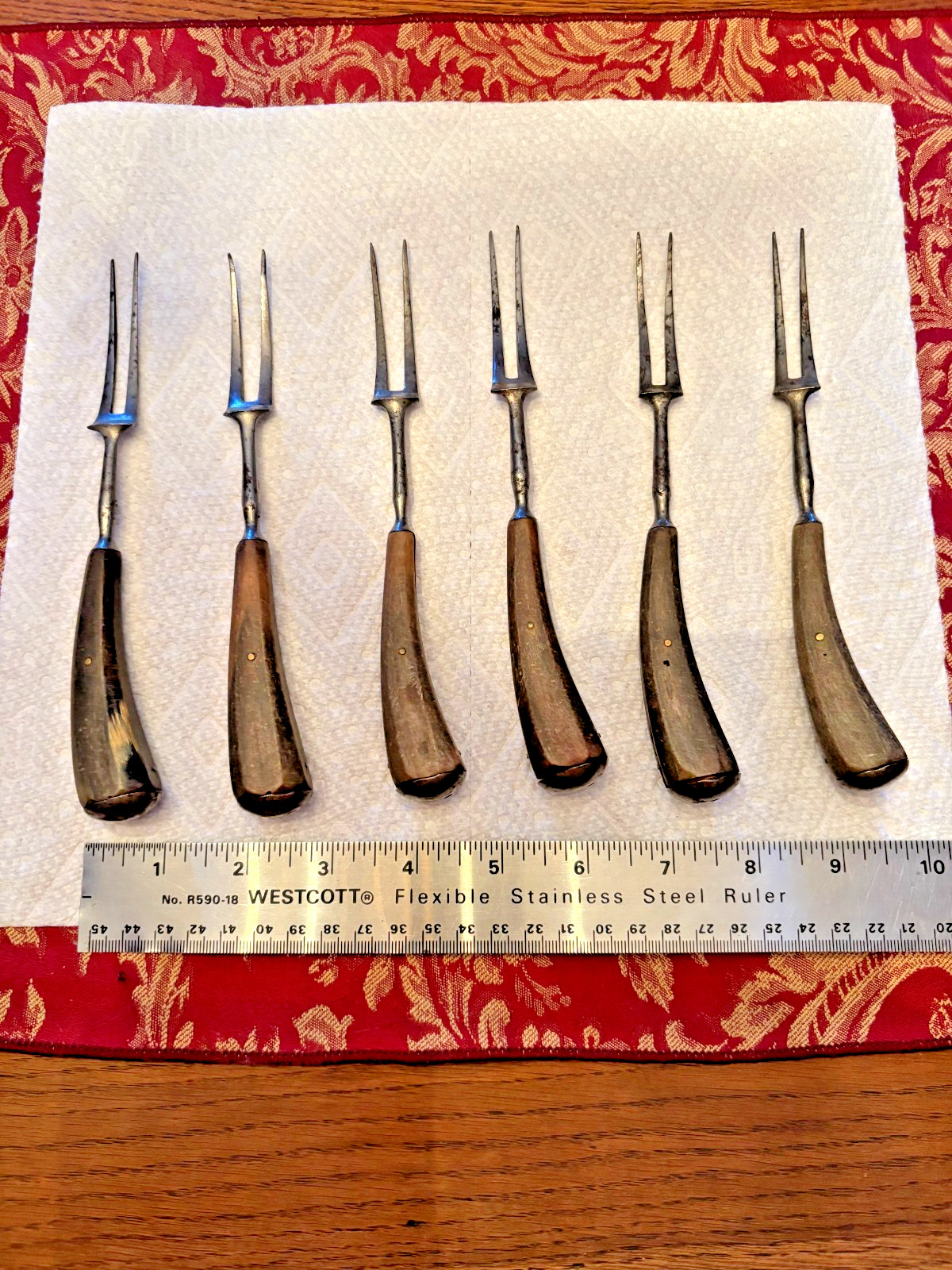 Original, 18th C. 6 piece set of 2 Prong Forks nice Horn Handles