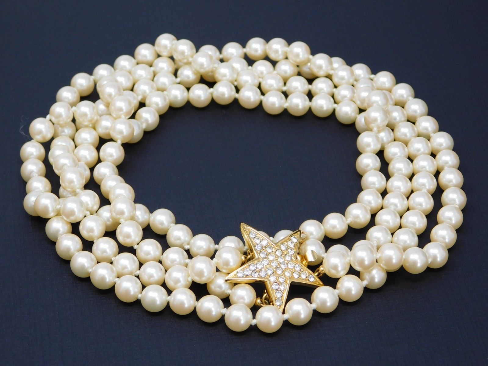 Vintage JOAN RIVERS Multi Strand Simulated Pearl Pave Star Necklace