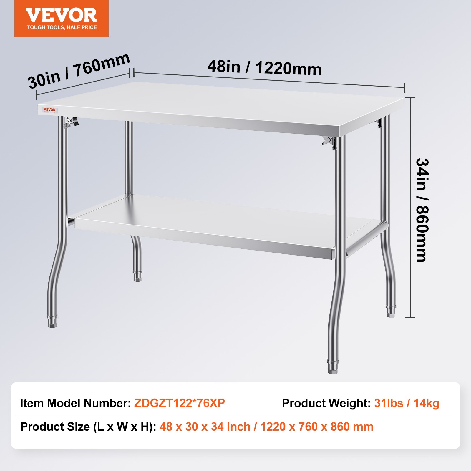 VEVOR Folding Commercial Prep Table Commercial Worktable Workstation 48 x 30 In