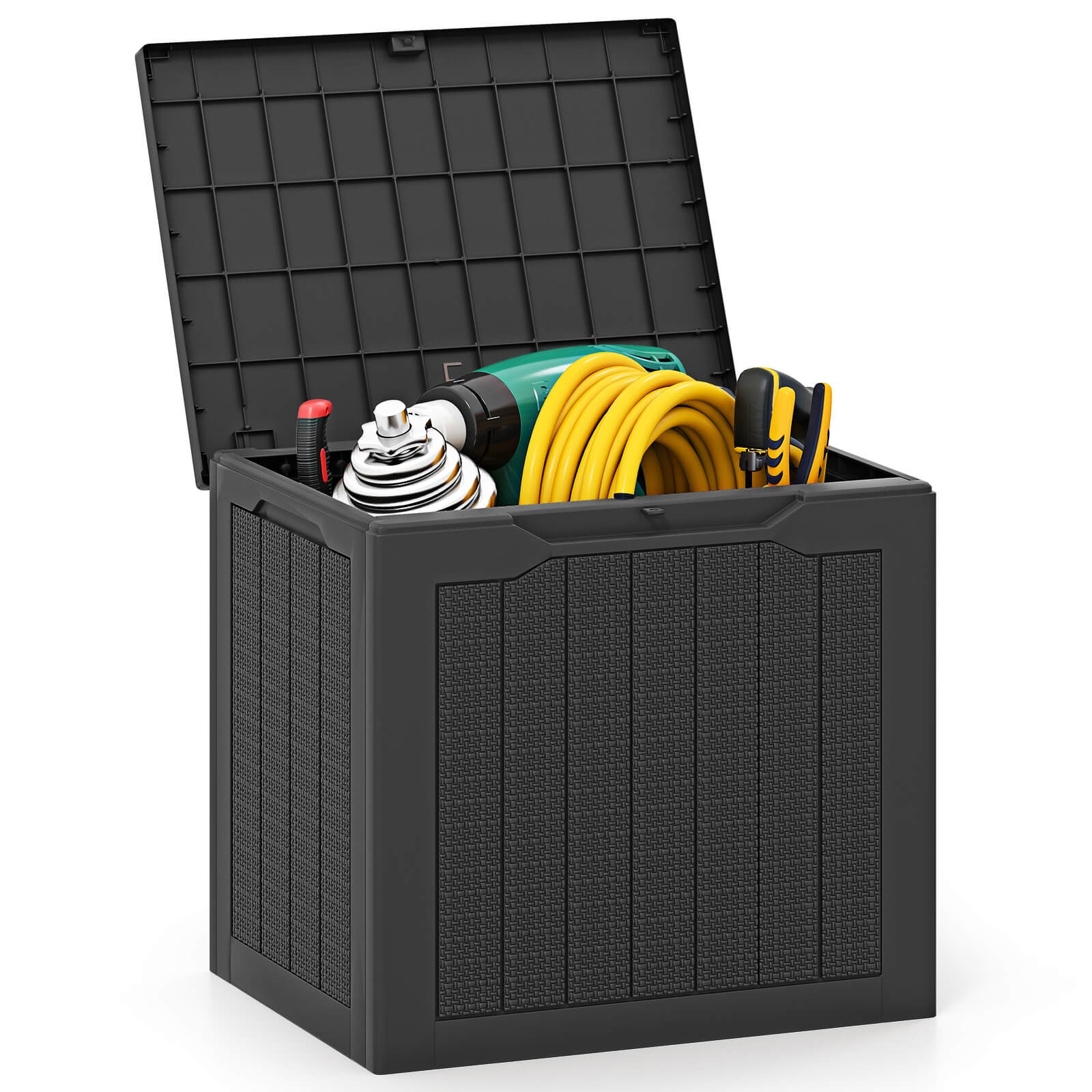 Outdoor Storage Box w/Lockable Lid & Wicker-woven Texture for Pool Accessories