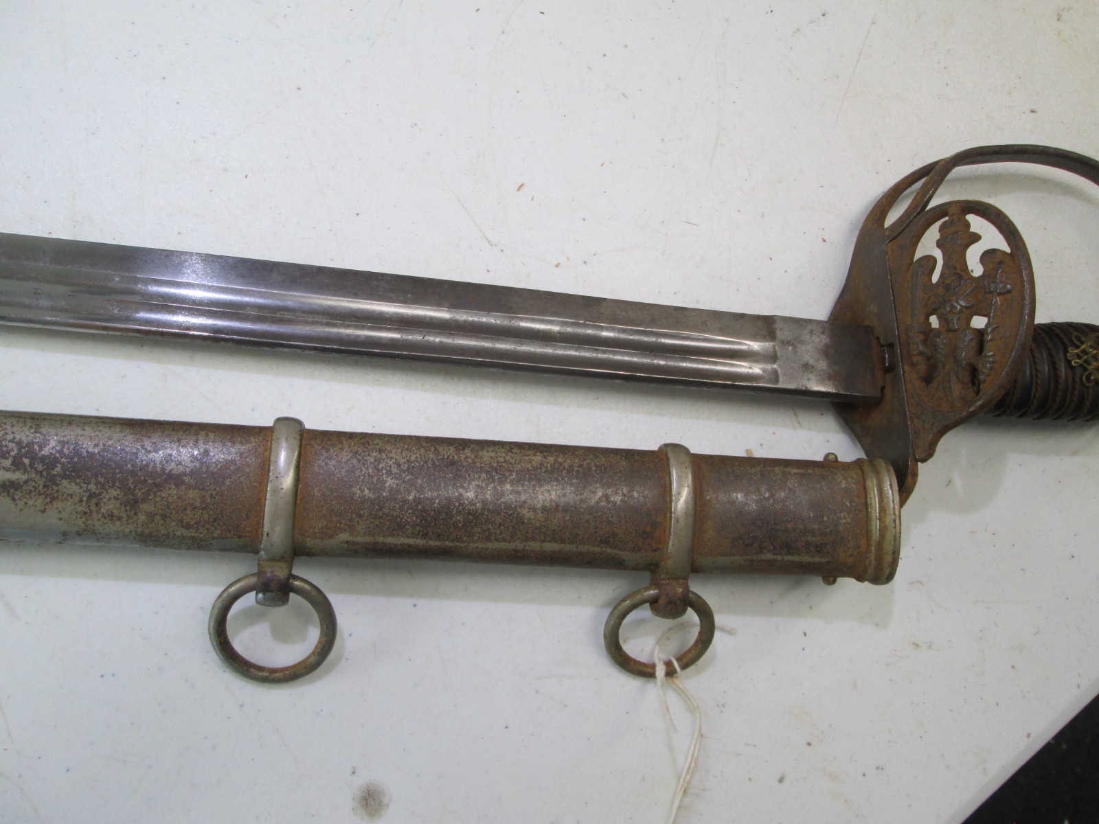 WWI GERMAN PRUSSIAN OFFICERS SWORD & SCABBARD FOLDING GUARD MAKER EICKHORN #Y54