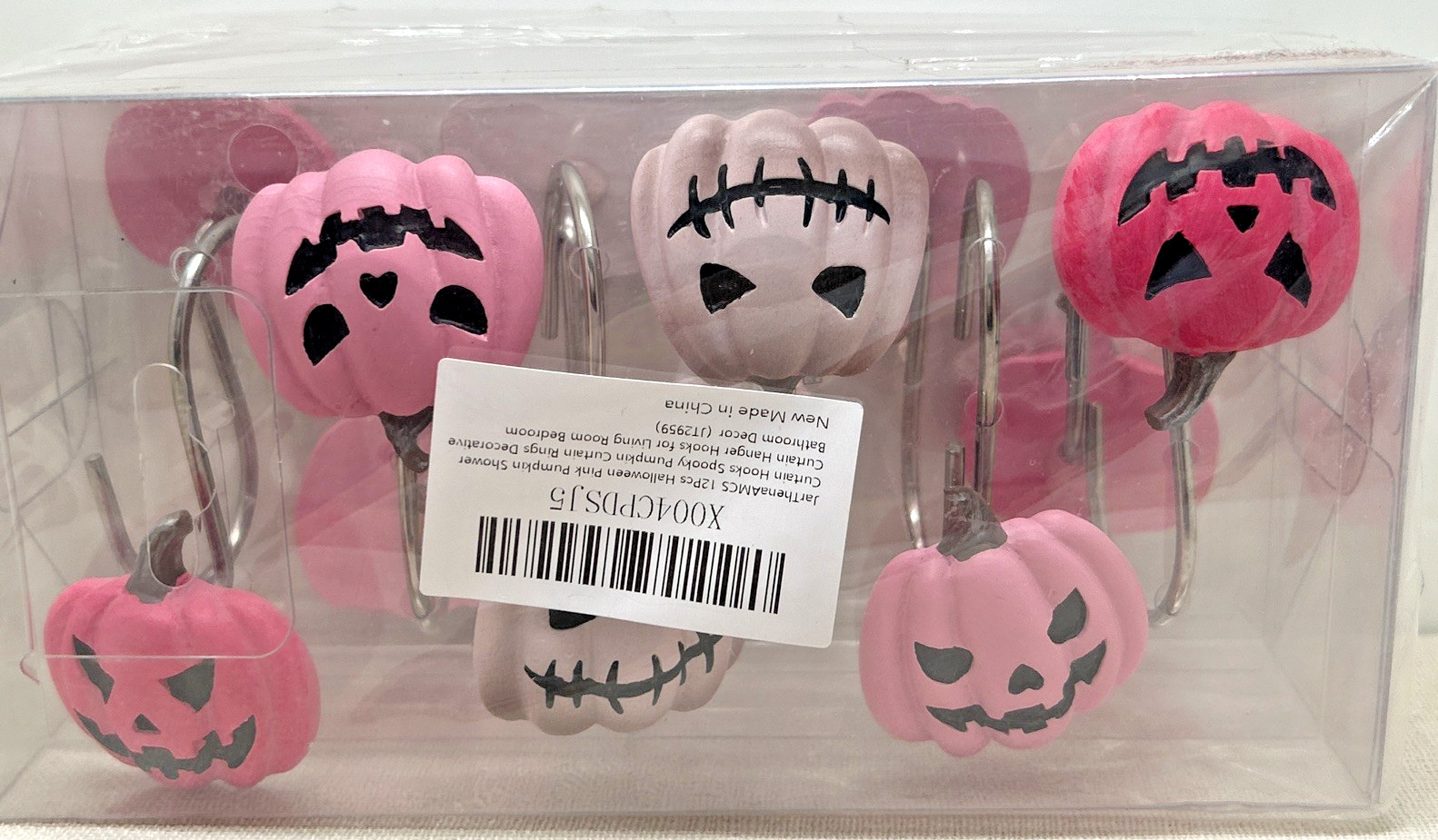 12 pc Spooky Halloween Pink Pumpkin Head Shower Curtain Hooks Hangers Rings NEW