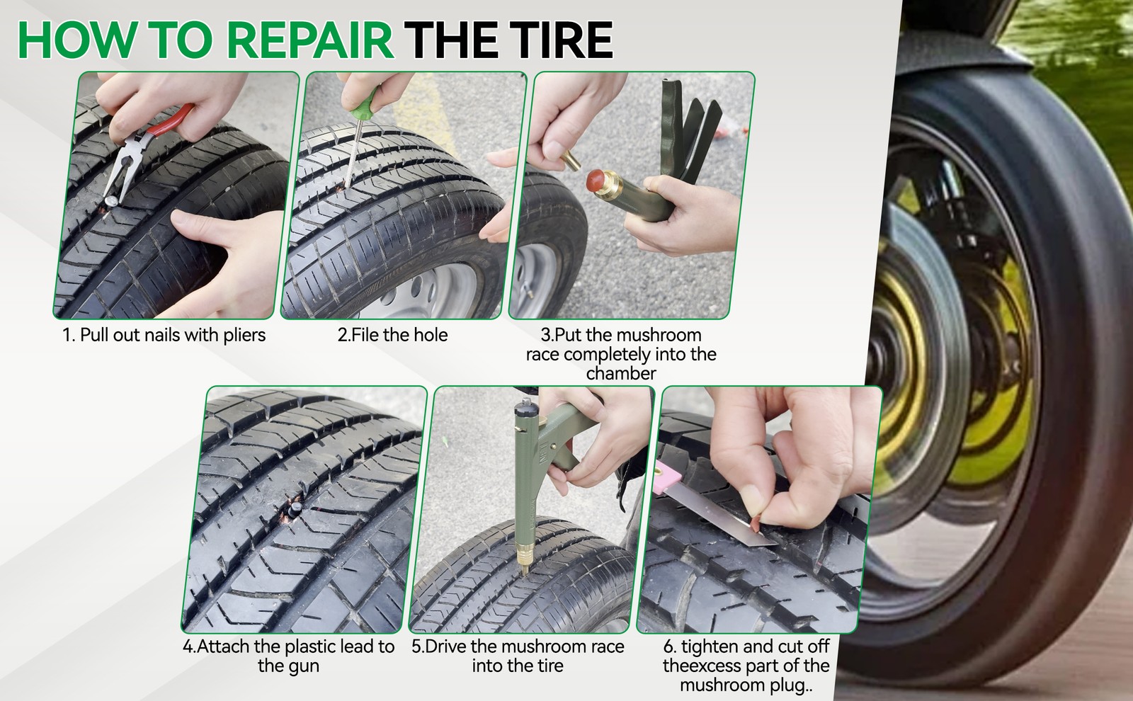 72pcs Tire Wheel Repair Gun Kit Mushroom Plug Probe Nozzle Tire Plugger Tubeless