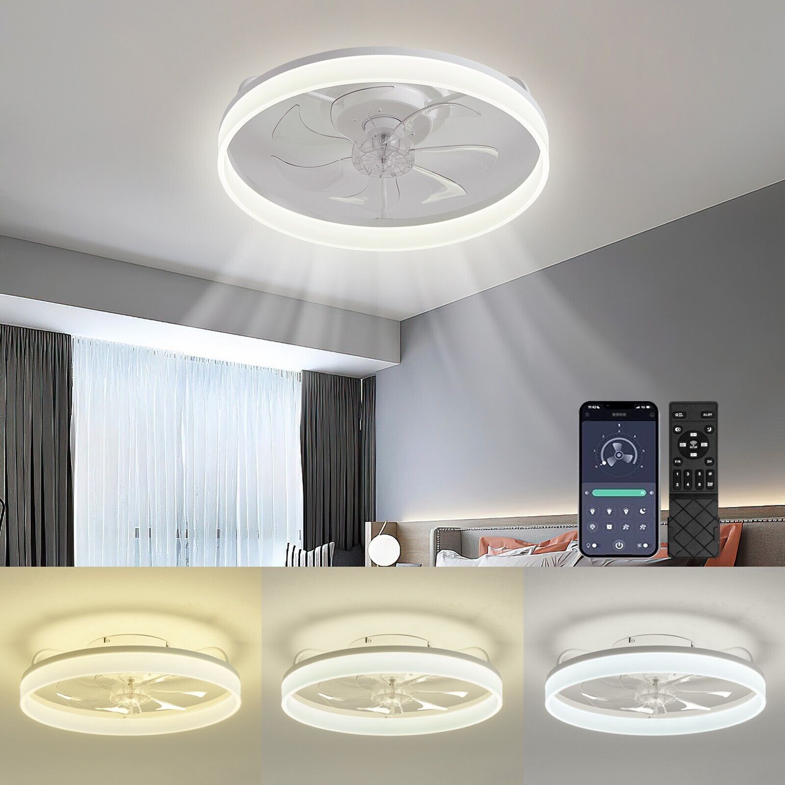 20" Modern Fan Lights Flush Mount LED Ceiling Light kit With Remote APP Control