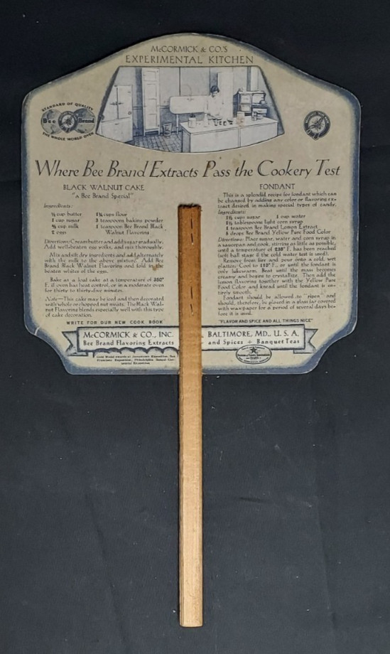 Old Advertising Premium Fan McCormick BEE BRAND Vanilla Baltimore Fondat Walnut