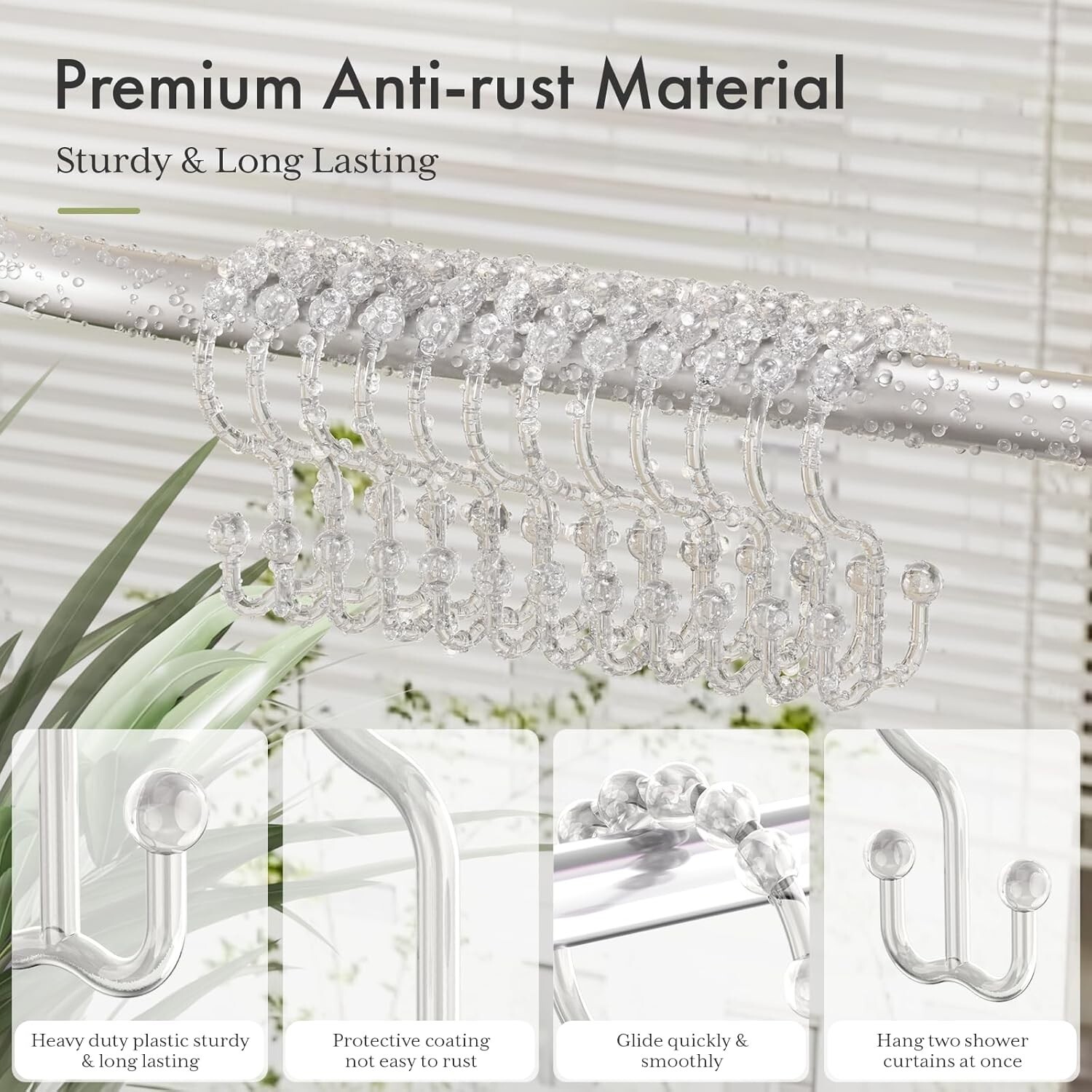 Amazer Plastic Shower Curtain Hooks Double Clear Bathroom Set of 12
