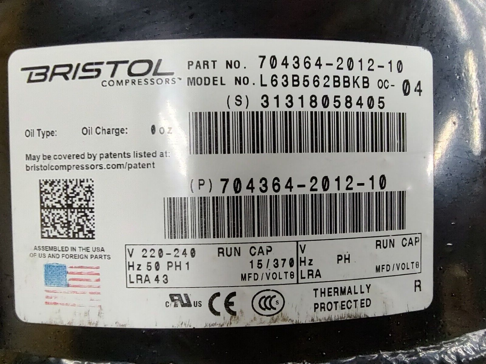 Bristol L63B562BBKB Low Temp Refrigeration Compressor 1 Ph 220/240V 50hz