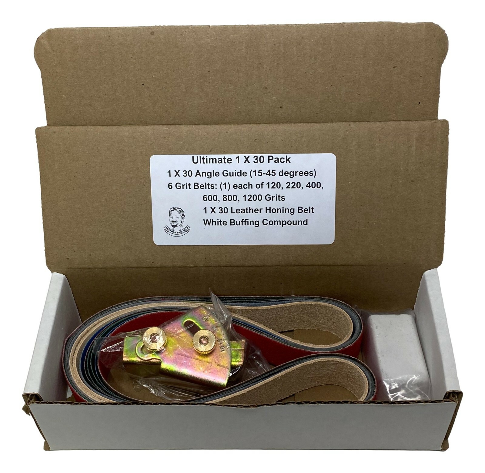 1 x 30 Ultimate Pack: 6 Grit + 1 Leather Honing Belt + Compound + Angle Guide