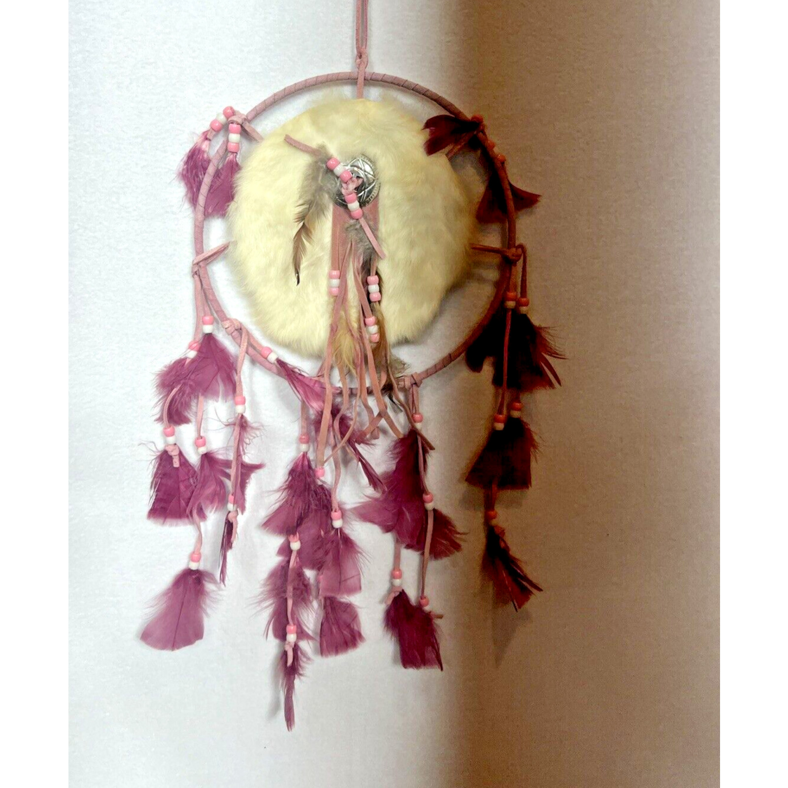 Dream Catcher Suede Leather Fur Feathers Pink 9"