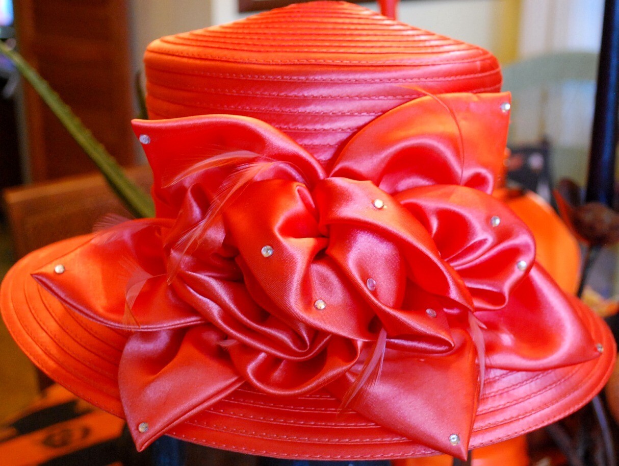 Vintage SOPHIA COLLECTION Ladies ORANGE Church Hat w Rhinestones & Feathers