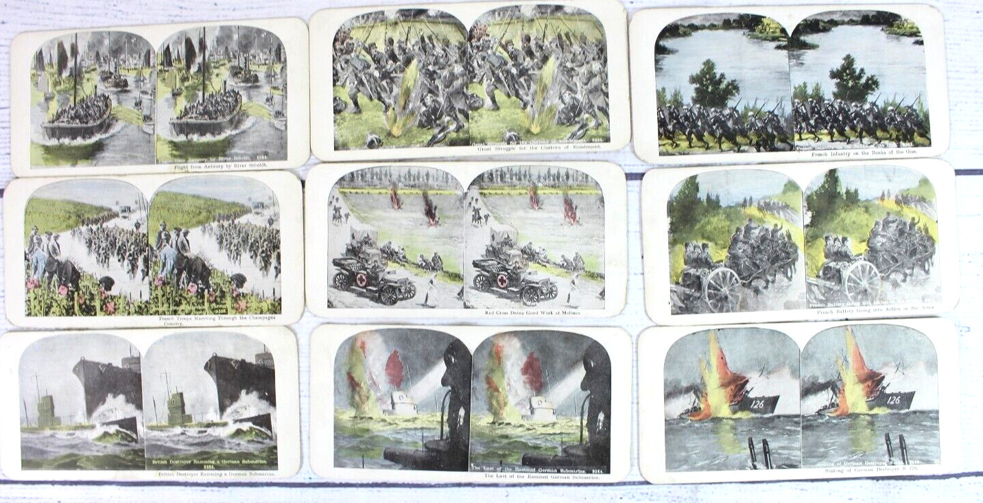 Lot of 27 WWI Stereoscopic 3D Cards Ships Cavalry Cannons Trenches War Scenes