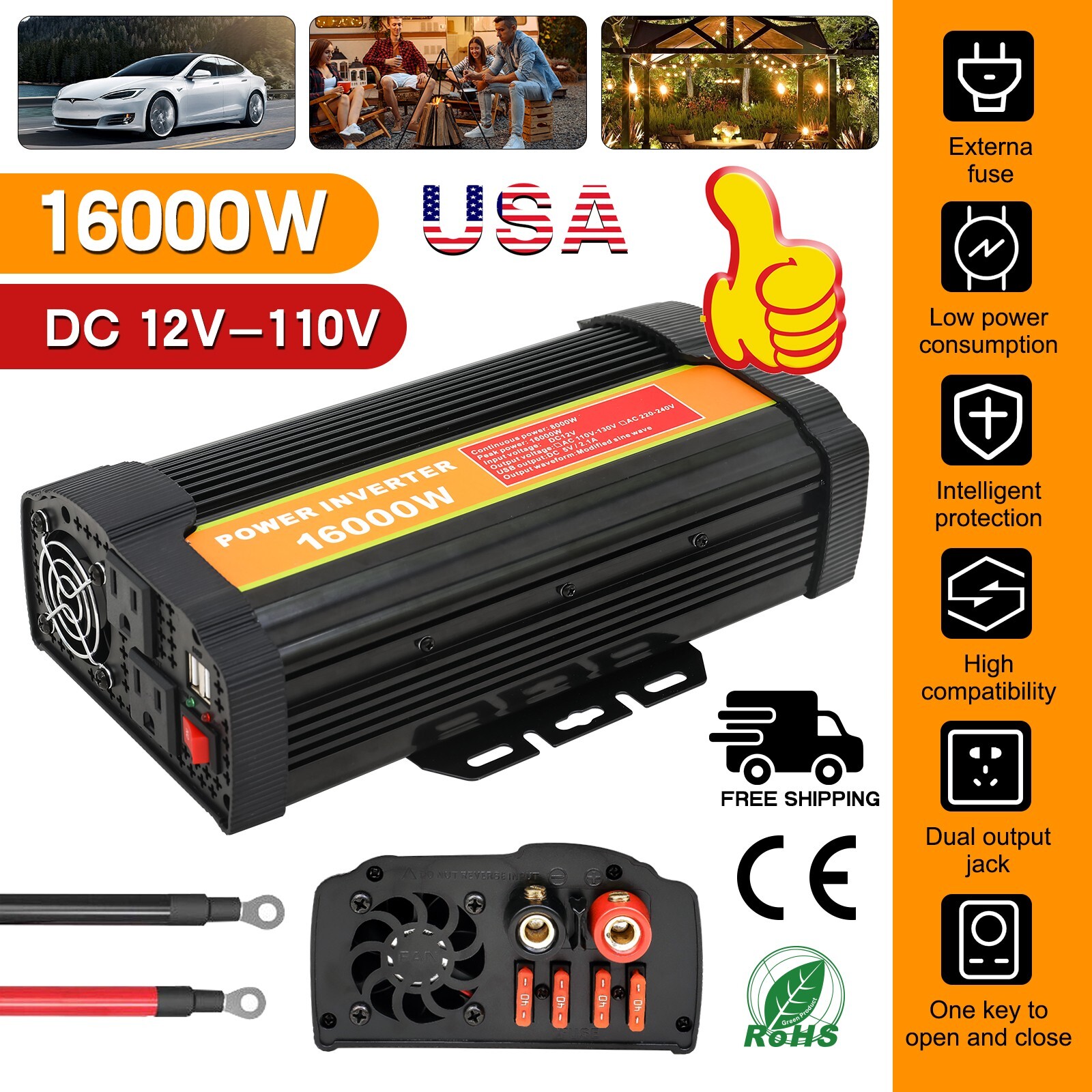 16000W Car Power Inverter DC 12V To AC 110V Pure Sine Wave Solar Converter LCD