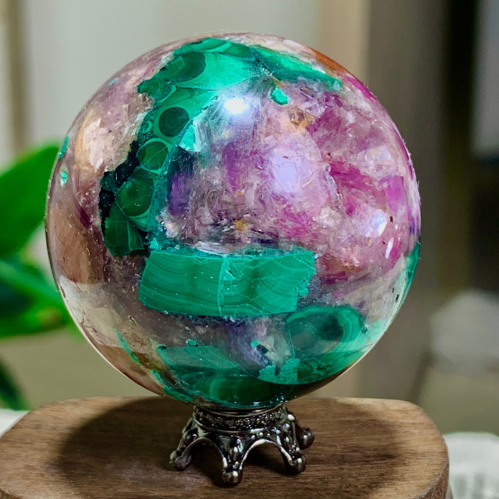 117G Newly discovered rare malachite purple mica symbiotic sphere restoration