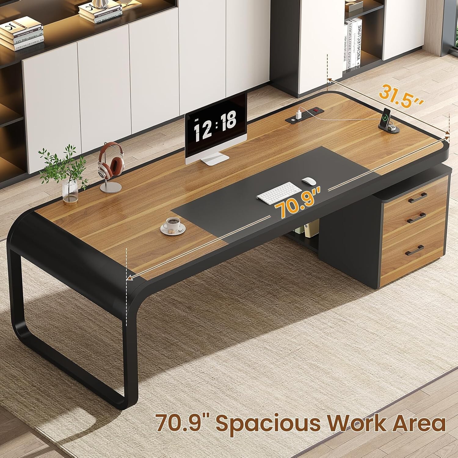 70.9" Executive Desk with File Cabinet, Large Computer Desk for Home Office