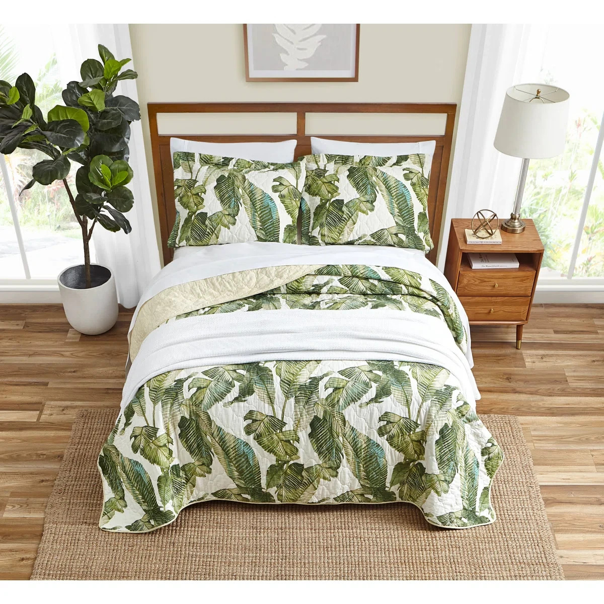 Queen Quilt Set Green Coastal Botanical Tropical Floral Bahama Exotic Leaves 3Pc