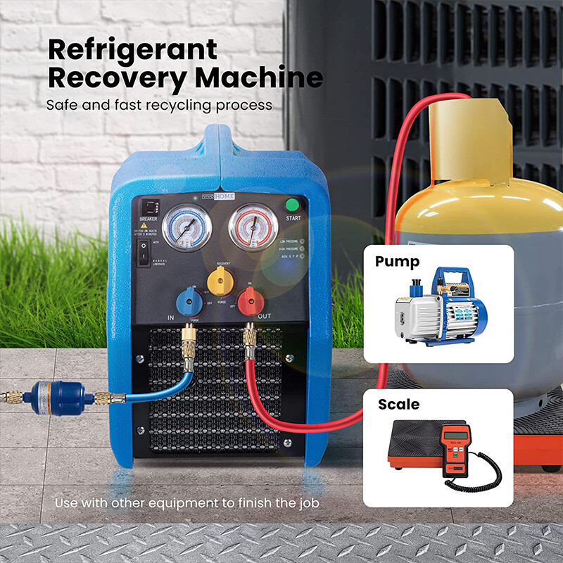 R1234YF 1HP Dual Cylinder Refrigerant Recovery Machine Oil-Less Freon Recycling