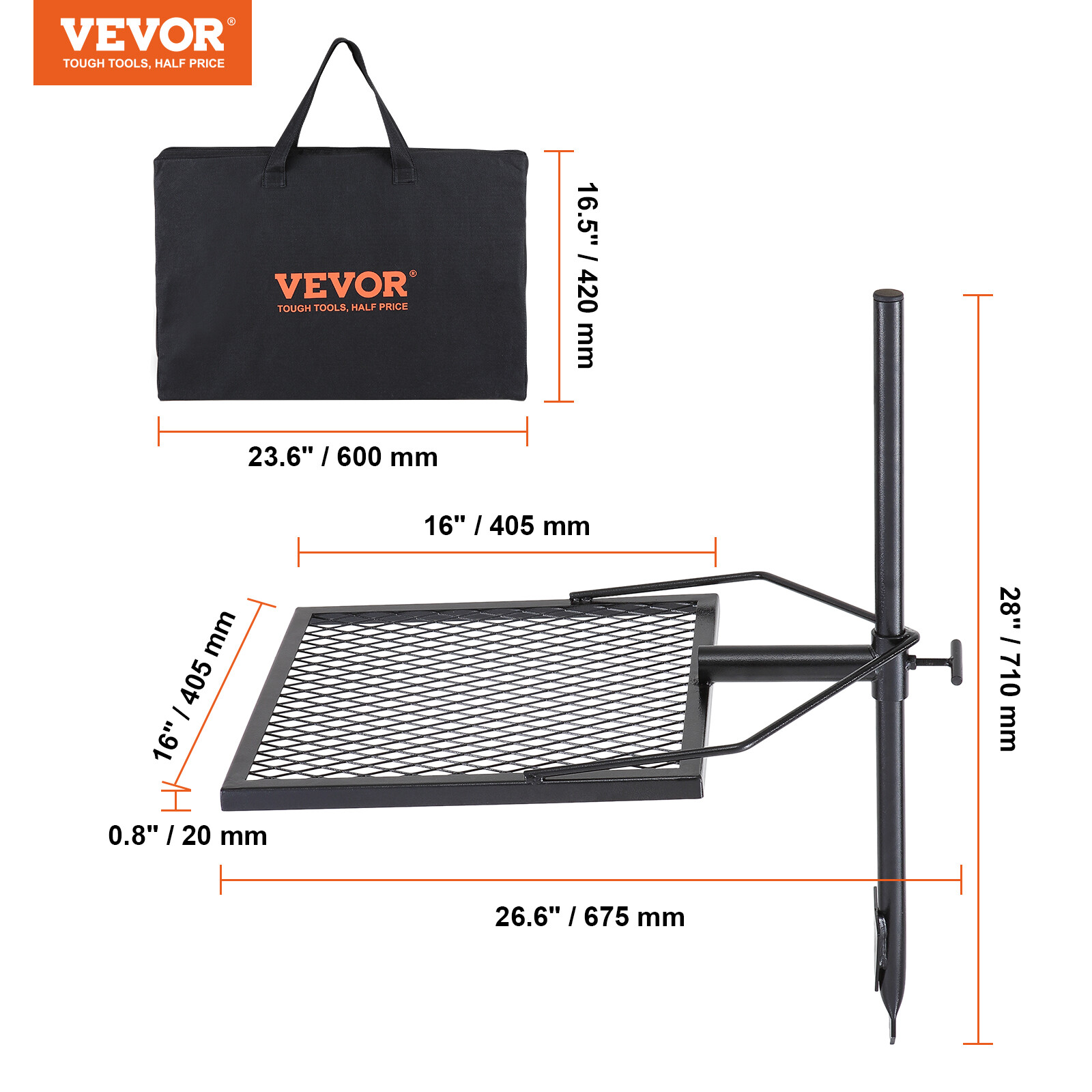 VEVOR Swivel Campfire Grill Heavy Duty Steel Open Fire Cooking Grate Adjustable