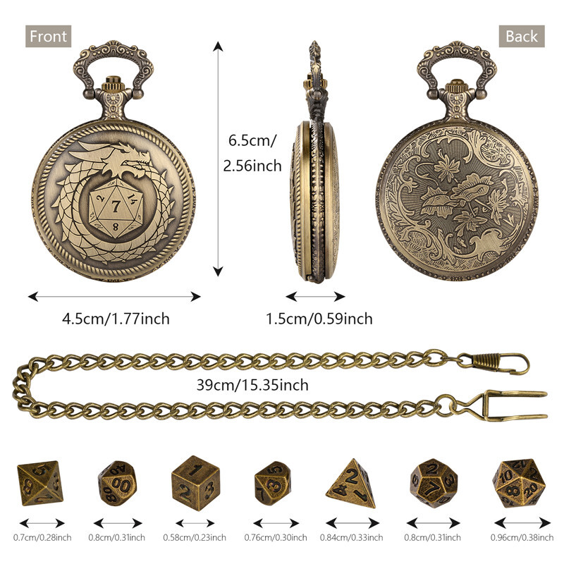 7Pcs Dnd Dungeons & Dragons Polyhedral Dice Set in Dragon D20 Pocket Watch Case