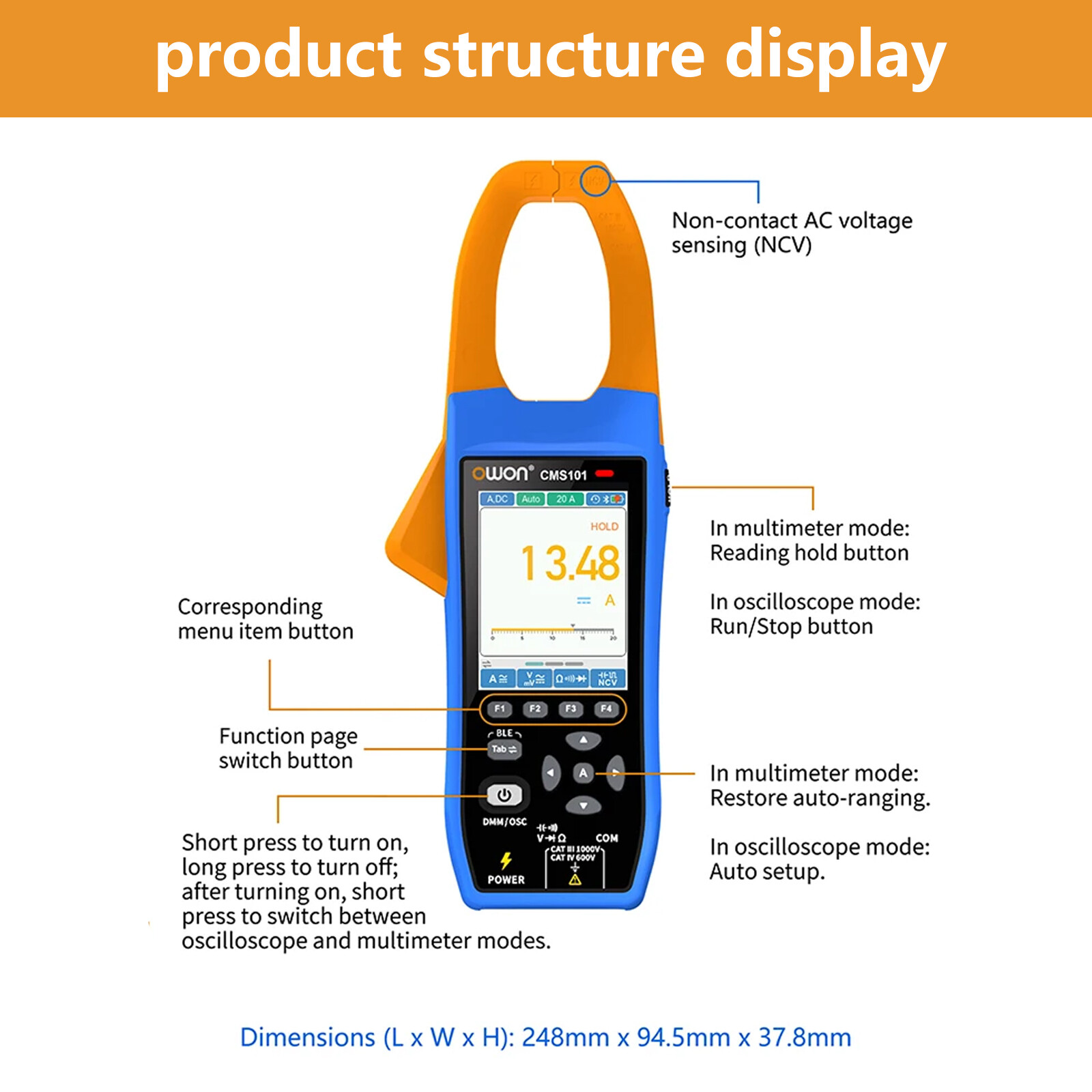 Owon CMS101 1000A AC/DC Clamp Meter 1MHz Oscilloscope True RMS NCV Recorder