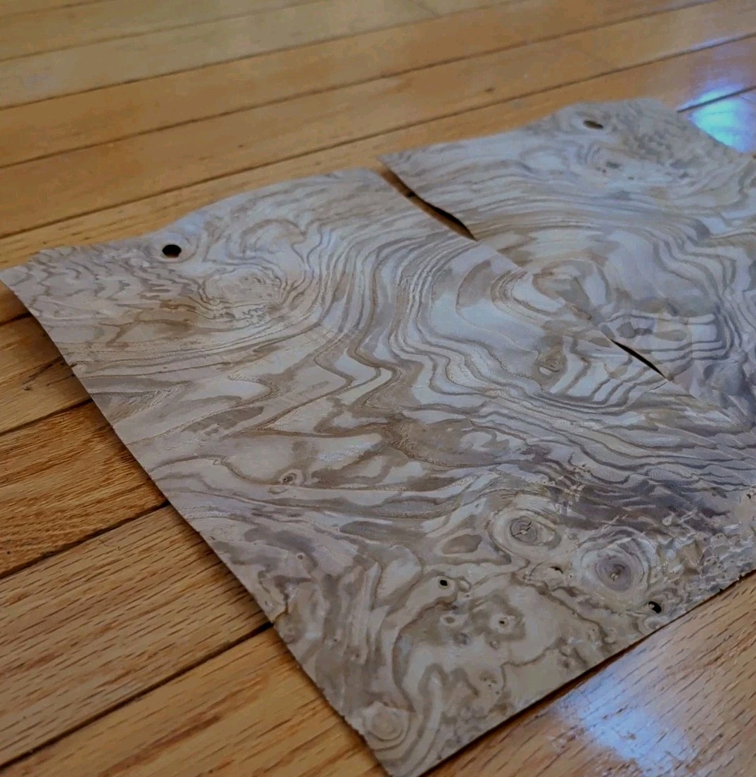 Olive Ash Burl veneer 2 pcs 10 1/4" x 7" ea raw 1/42 wood Buckled lil crack