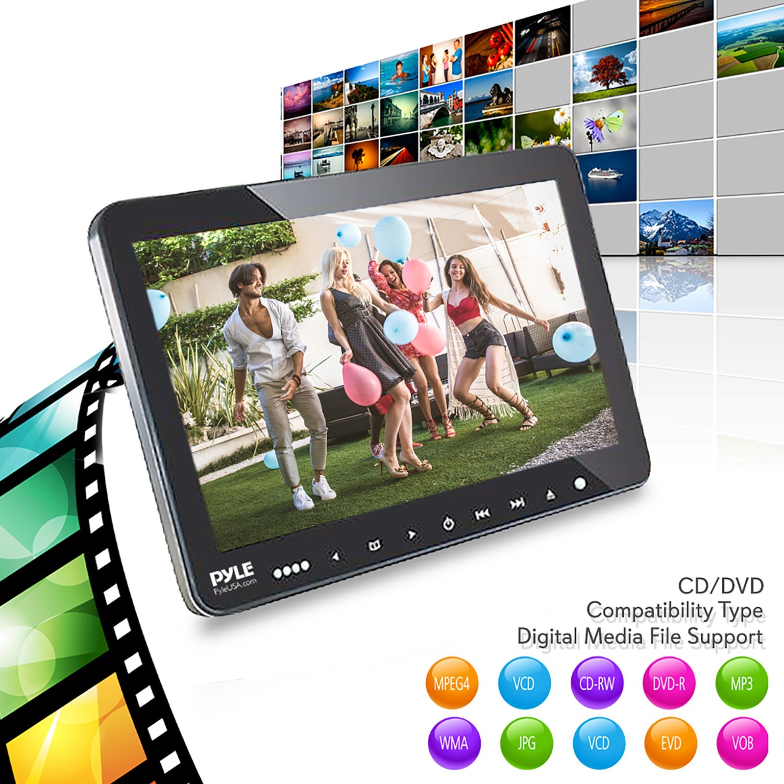 Pyle Universal Dual Vehicle Headrest Monitor - 10.5” Multimedia CD