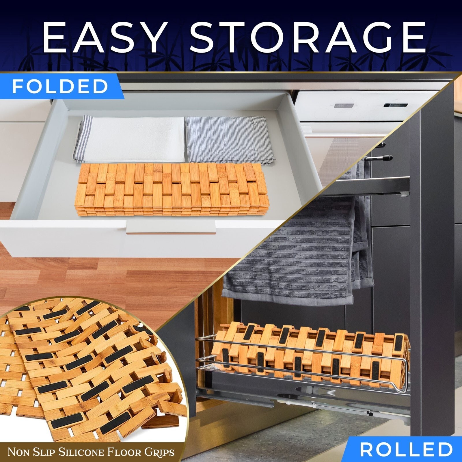 SereneLife Bamboo Floor Bath & Shower Mat with Extra Non-Slip Grips (Natural)