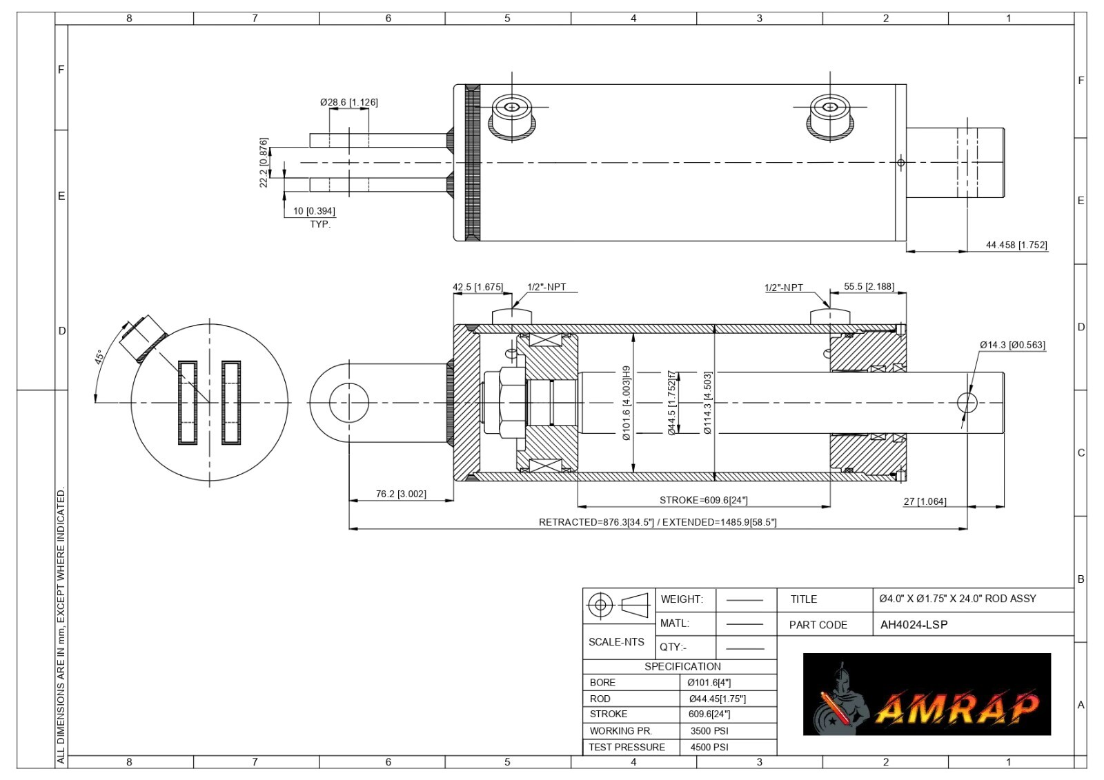 4X24 Hydraulic Cylinder - 4" Bore x 24" Stroke Log Splitter Cylinder 3500PSI