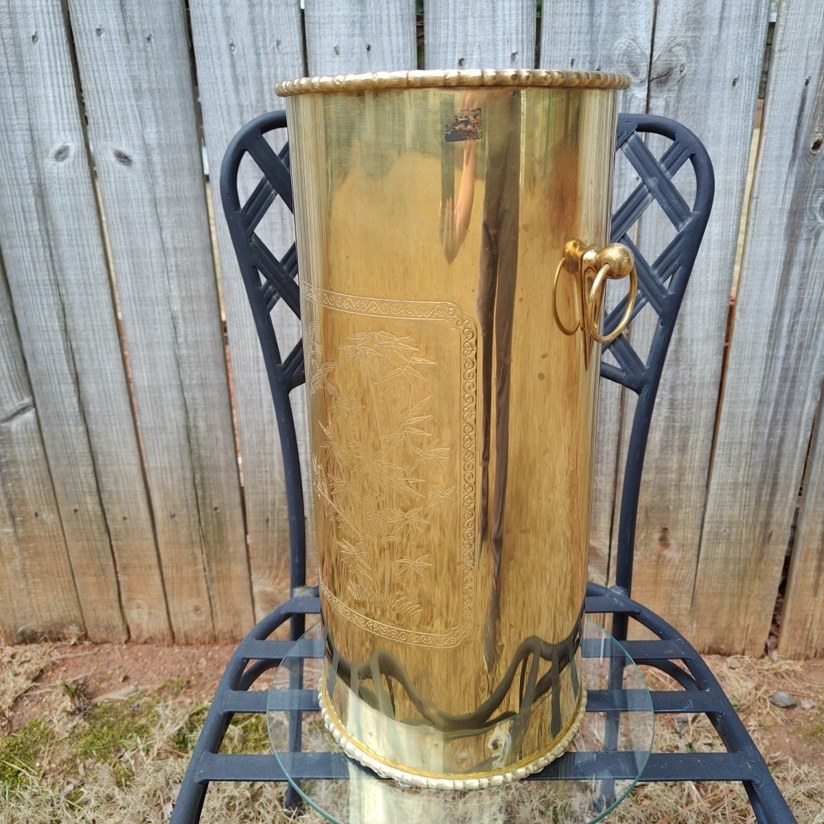 Vintage Brass Umbrella Cane Holder Stand 18" with Decorative Handles Asian Motif