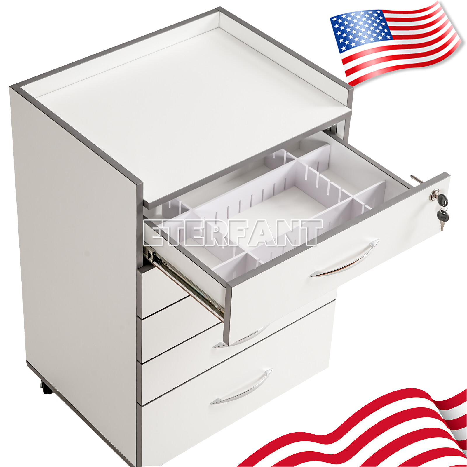 Dental Medical 5 Drawers Trolley Cart Mobile Rolling Cart Acrylic Wooden Cabinet