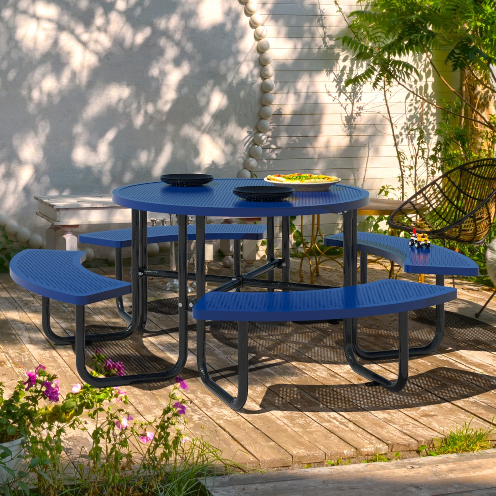 8 Seater Round Garden Picnic Table Set with Parasol Hole & 4 Benches