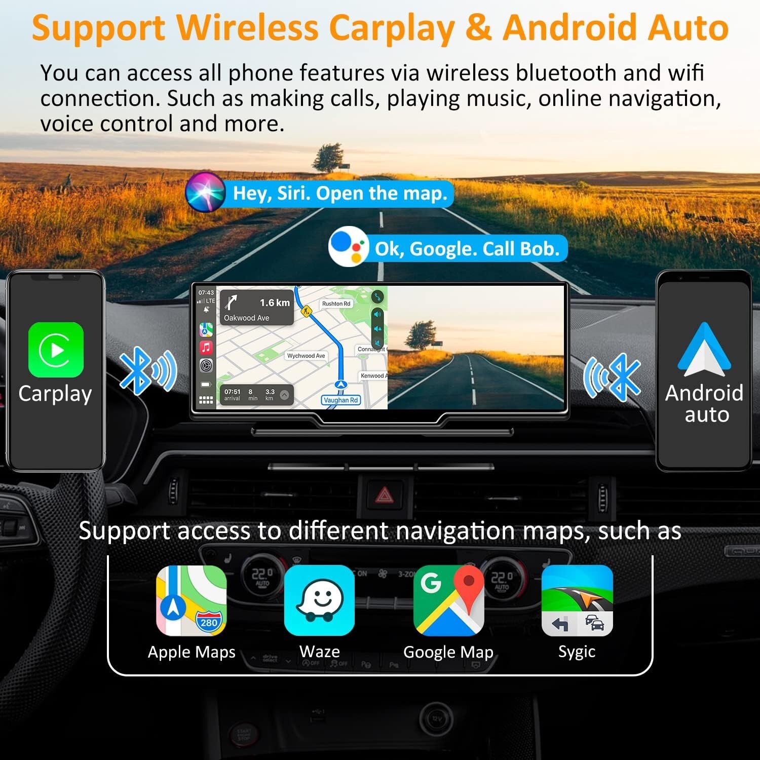 Portable Wireless Carplay Car Stereo with 2.5K Dash Cam-9.3" HD,1080p Backup Cam