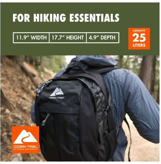 Ozark Trail Hiker Backpack 25 Liter, Black, Polyester, Adult, Teen