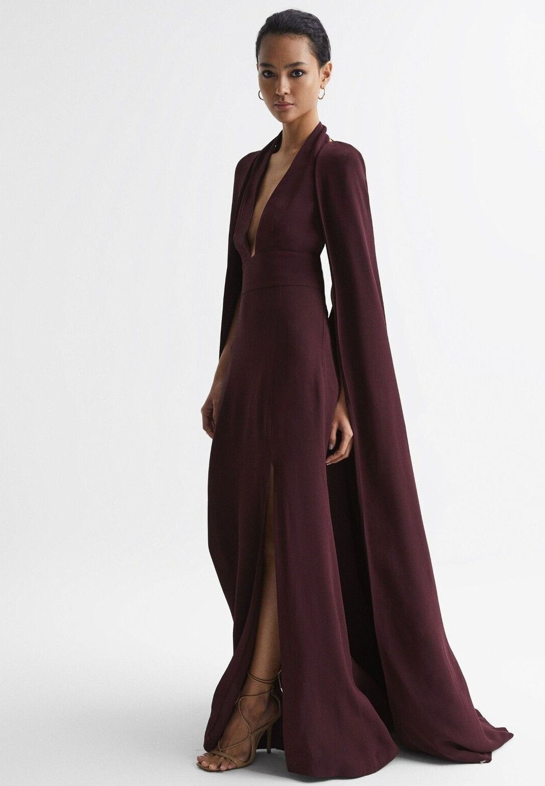 REISS Grace Maxi Dress with Detachable Cape in Burgundy