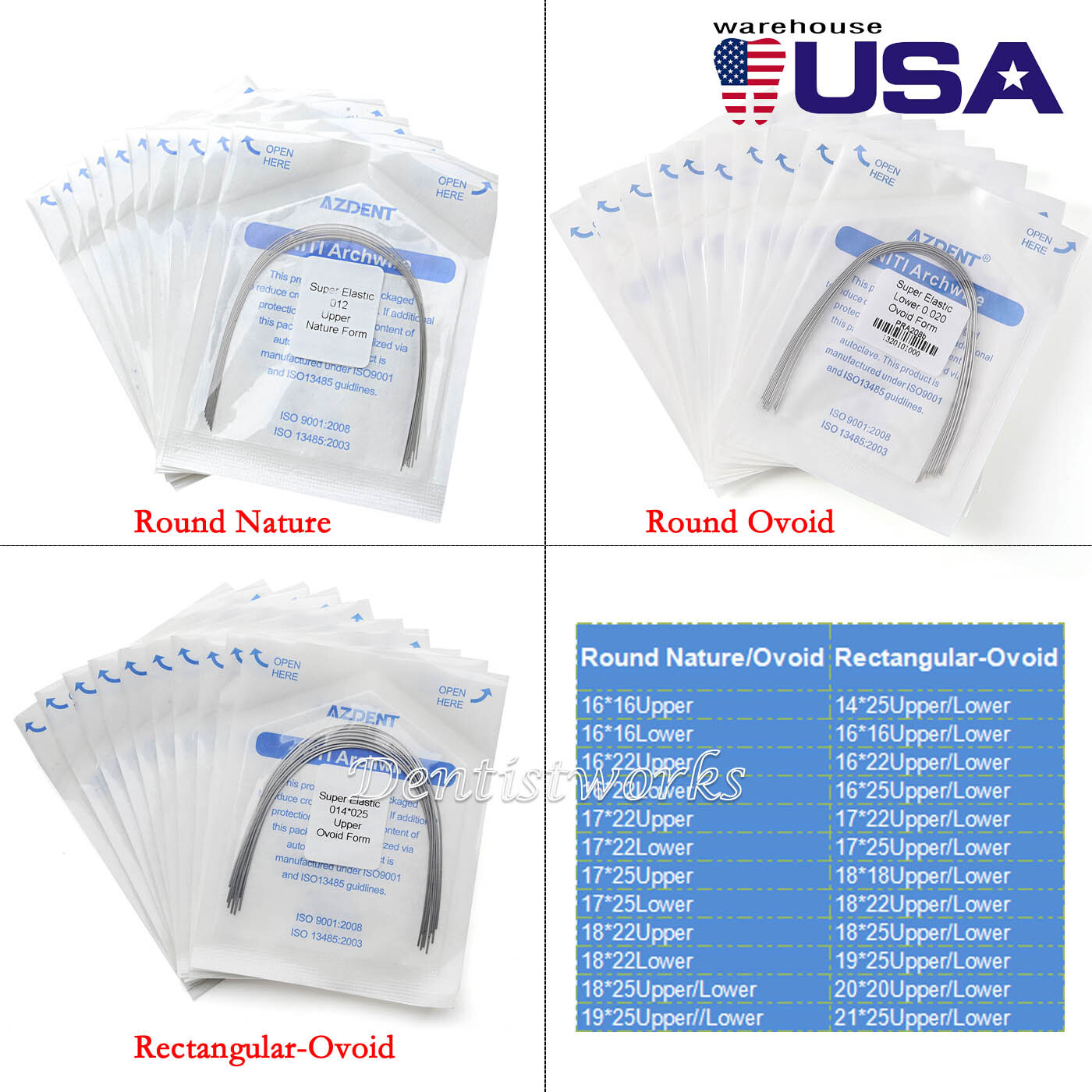 AZDENT Dental Ortho Niti Super Elastic Arch Wires Round/Rectangular Ovoid/Nature