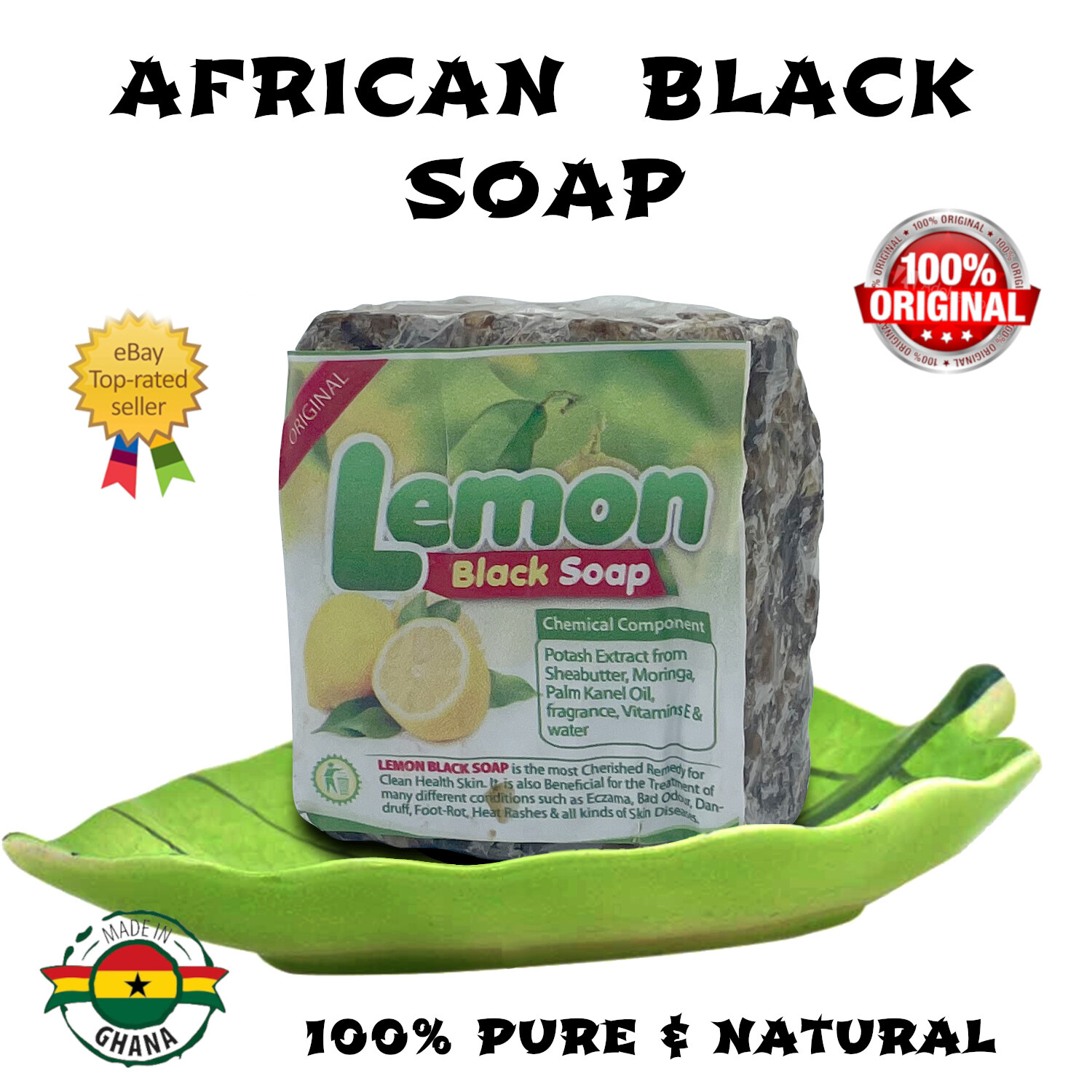 LEMON AFRICAN BLACK SOAP Organic GHANA Handmade Premium Quality CHOOSE SIZE