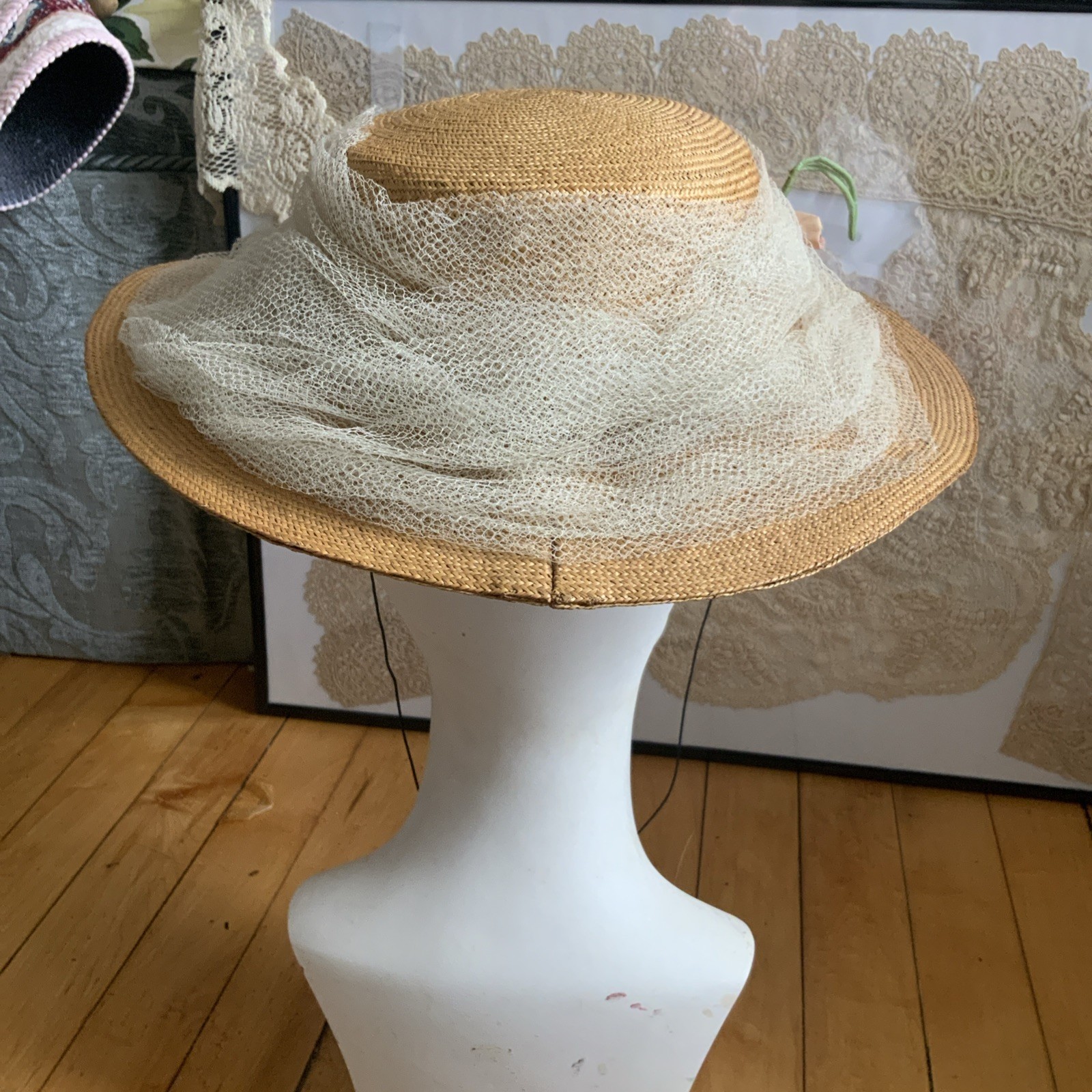 STRAW BOATER SKIMMER HAT BROWN RIBBON VINTAGE WOMENS LARGE BRIM