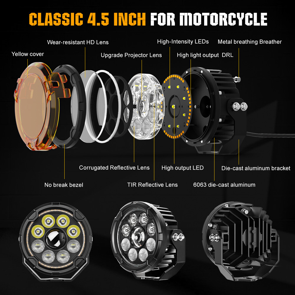 Pair Amber White Motorcycle LED Spot Lights Auxiliary Headlight Driving Fog Lamp